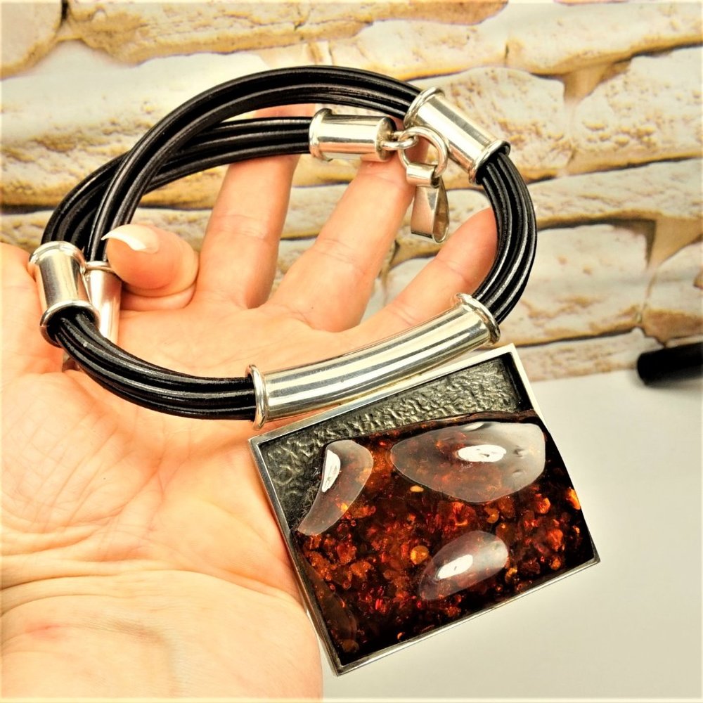 MASSIVE AMBER STERLING PENDANT MULTI LEATHER CORD NECKLACE, GIFT FOR WOMEN